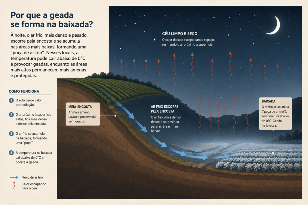 como o ar frio escorre e acumula na baixada formando geada