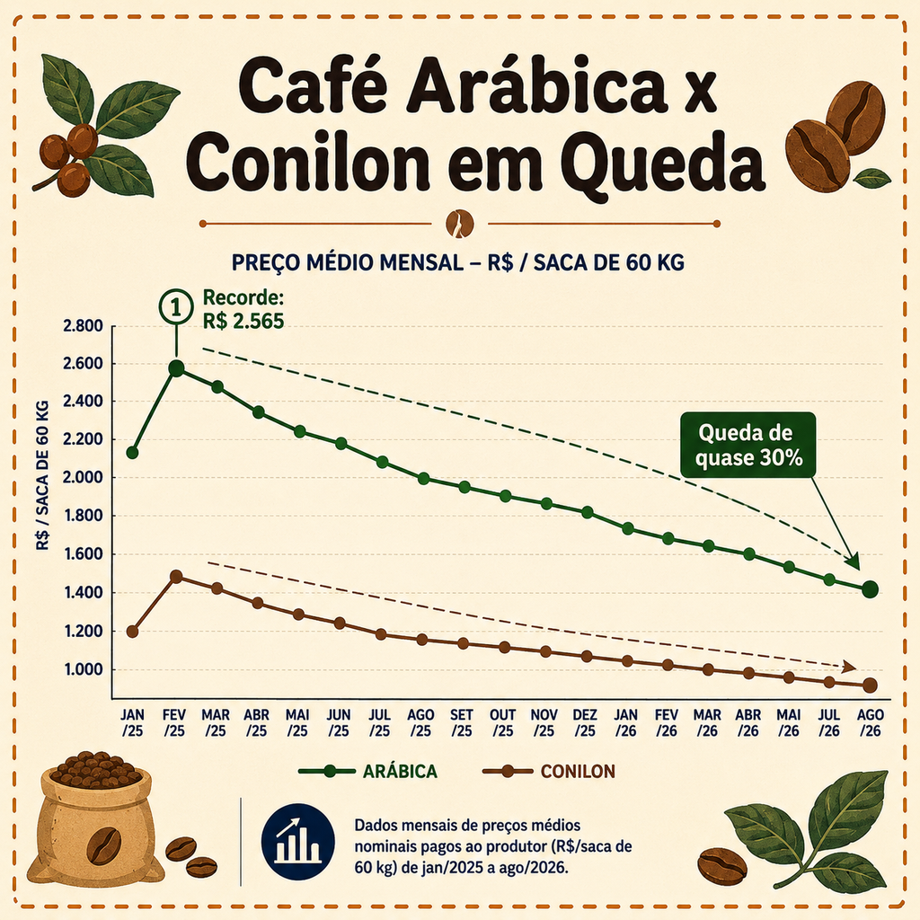 evolução do preço do café arábica e conilon em 2025 e 2026, mostrando o recorde de fevereiro de 2025 e a queda de quase 30% até agosto de 2026