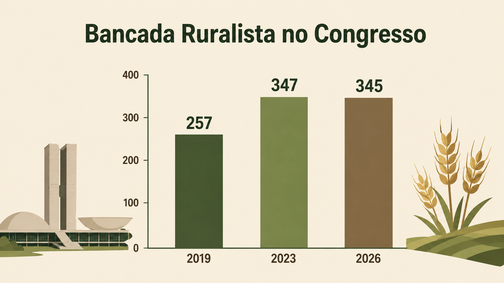 Gráfico da evolução do número de deputados e senadores da bancada ruralista em 2019, 2023 e 2026