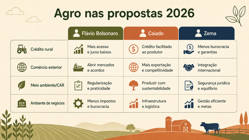 comparação das propostas de agro entre Flávio Bolsonaro, Caiado e Zema