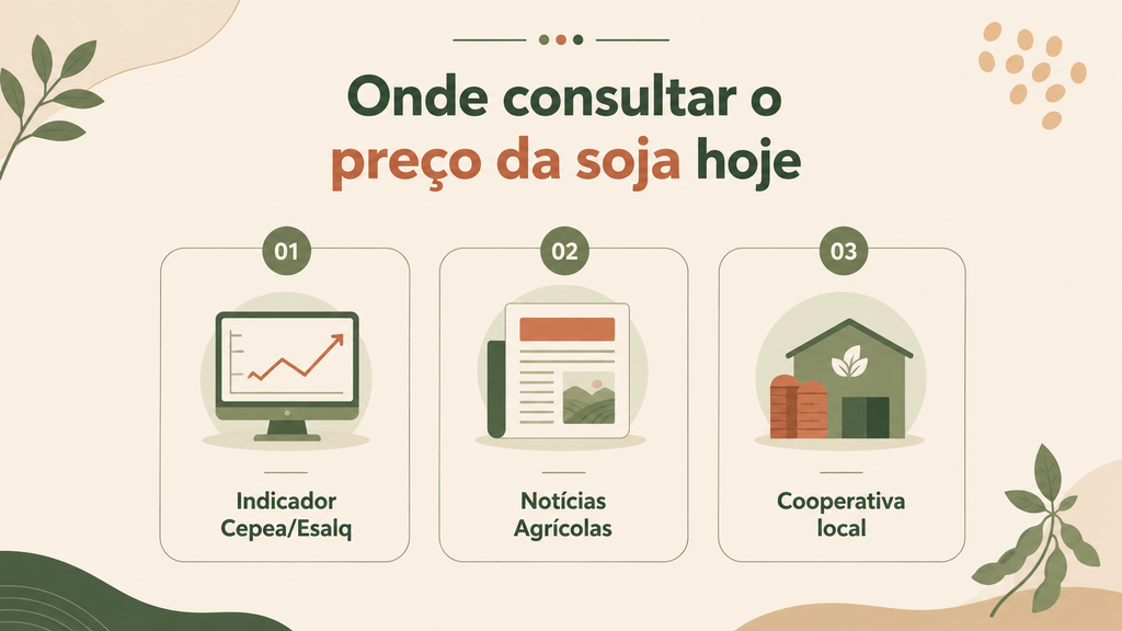 onde consultar o preço da soja hoje - indicador Cepea/Esalq, Notícias Agrícolas e cooperativa local