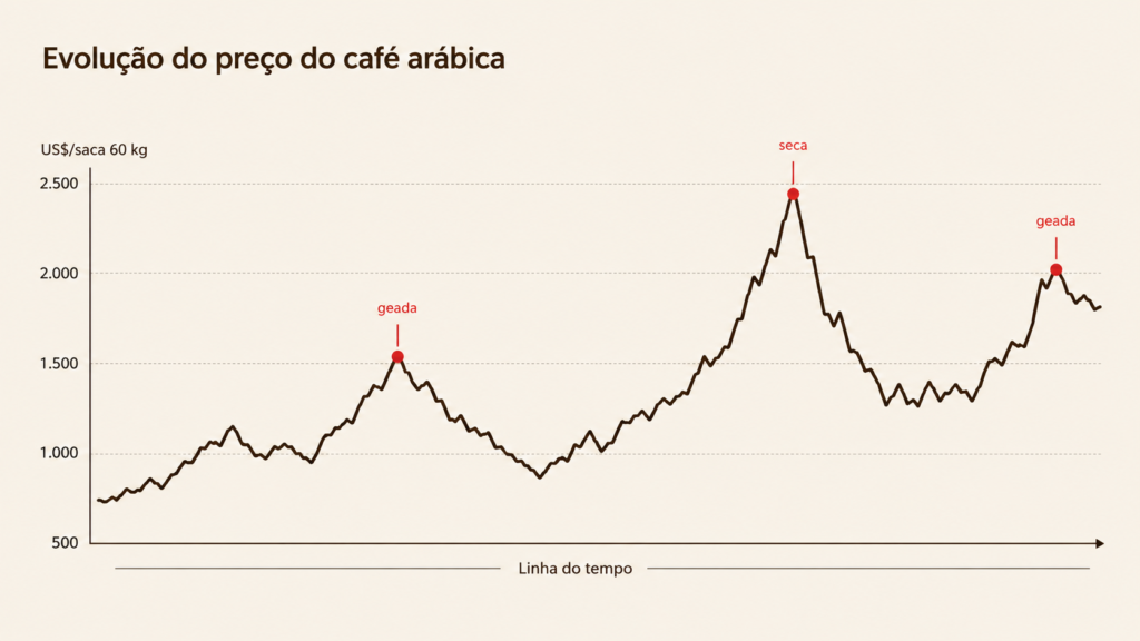 evolução do preço do café arábica com picos ligados a geadas e secas