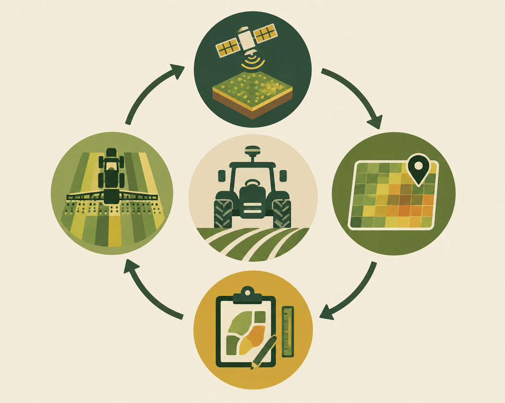 Infográfico do ciclo da agricultura de precisão: coleta de dado, mapeamento, prescrição e aplicação a taxa variável