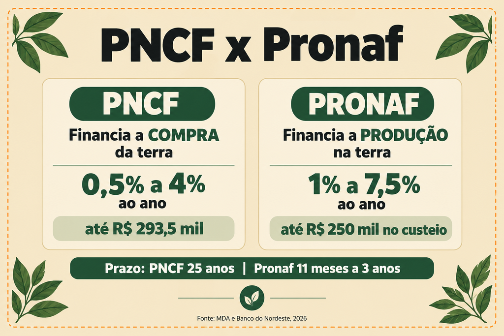 Infográfico comparando PNCF e Pronaf: taxas de juros, tetos de financiamento e prazos de cada programa